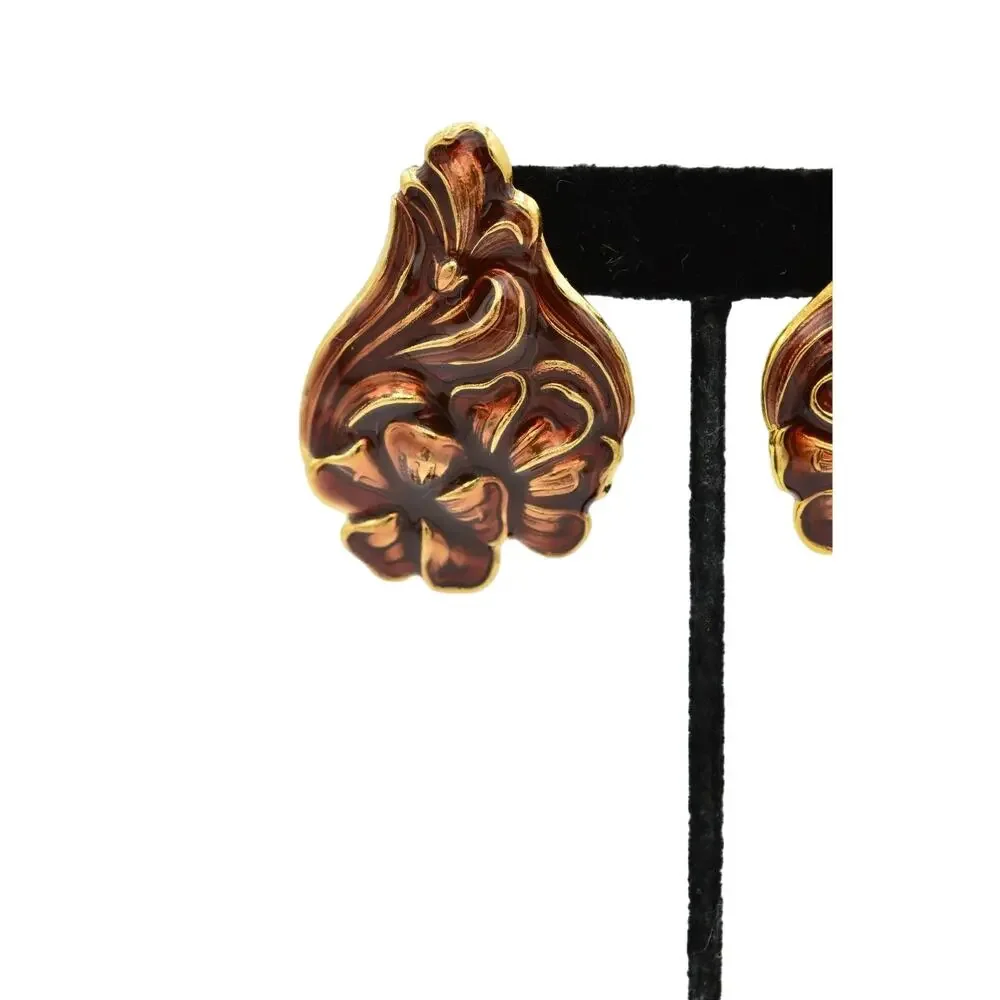 Vintage Statement Floral Abstract Enamel Earrings Brown Gold Chunky NOS 80s 9L